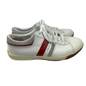 Men's Prada America Cup White Red Grey Leather Sneakers Size 9.5